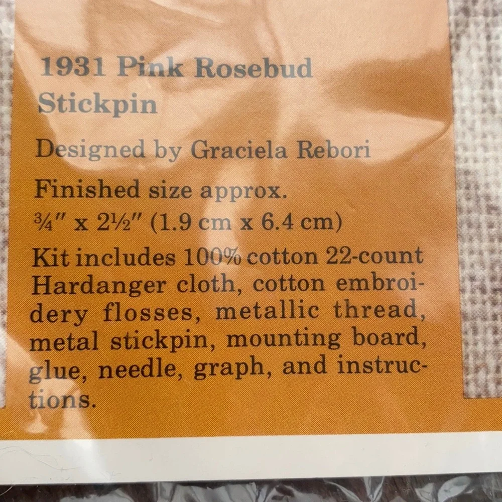 Vintage 80s stick pin brooch Cross-stitch Kit Creative Circle 1931 pink rose bud